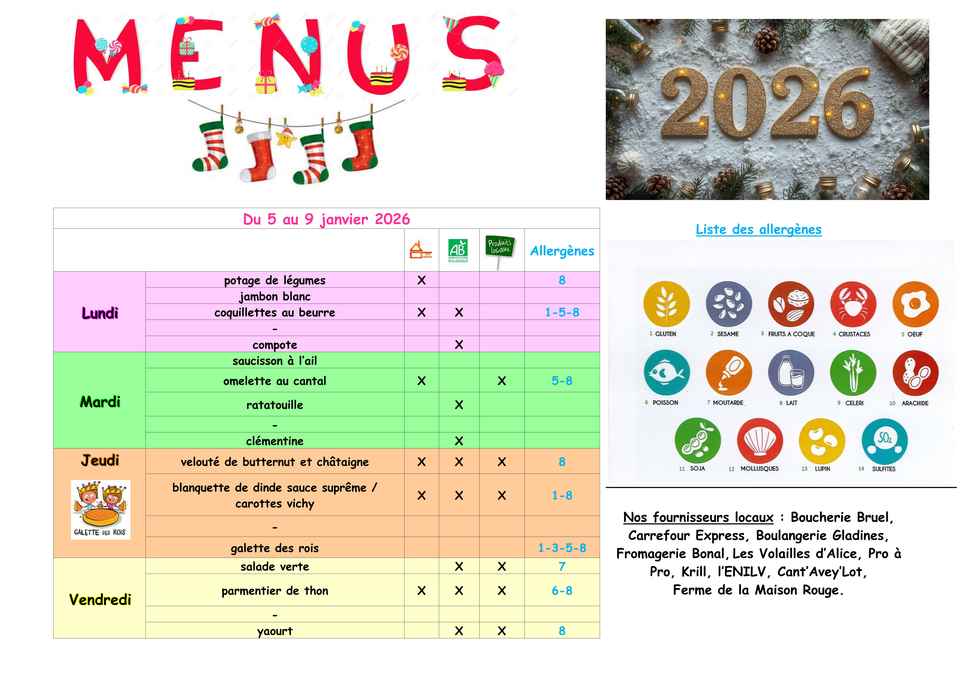 Menus du 5 au 9 janvier 2026