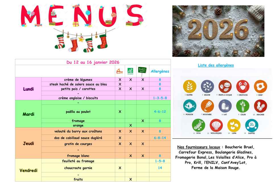 Menus du 12 au 16 janvier 2026