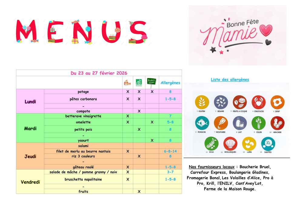 Menus du 23 au 27 février 2026