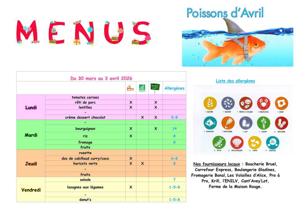 Menus du 30 mars au 03 avril 2026