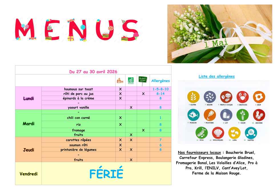 Menus du 27 au 30 avril 2026