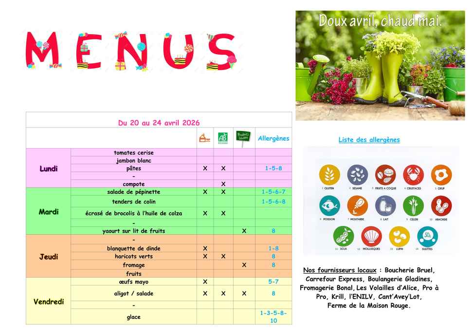 Menus du 20 au 24 avril 2026