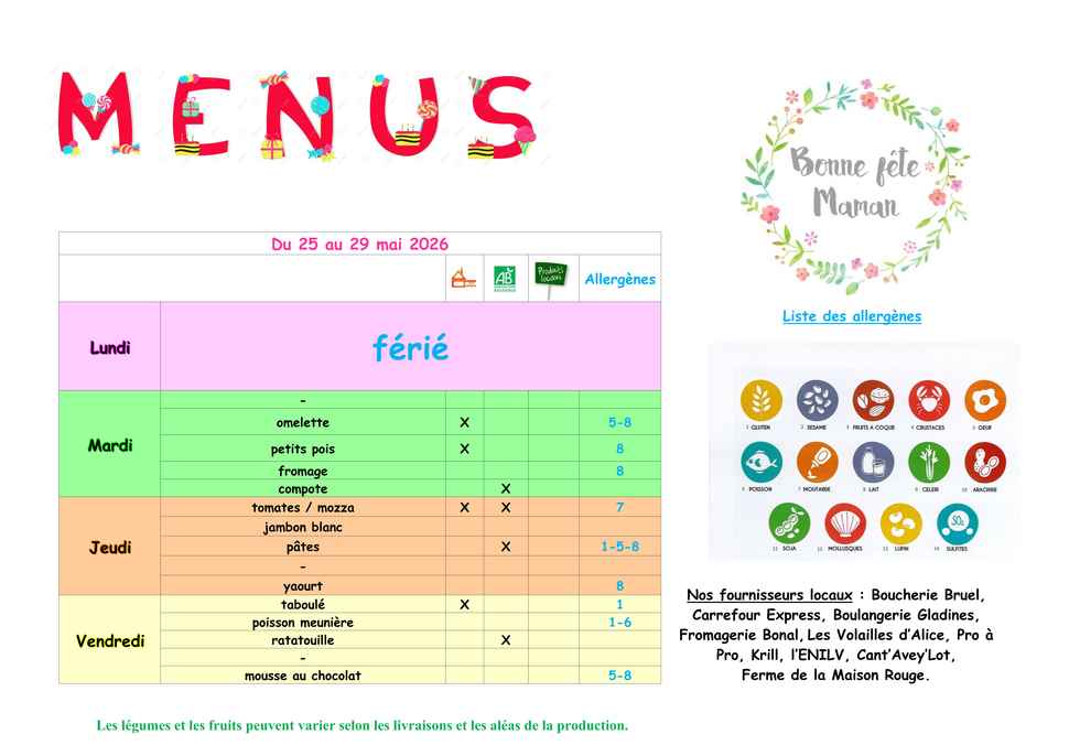 Menus du 25 au 29 mai 2026
