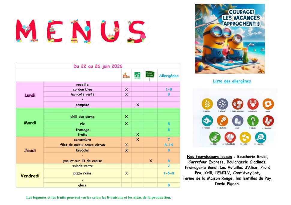 Menus du 22 au 26 juin 2026