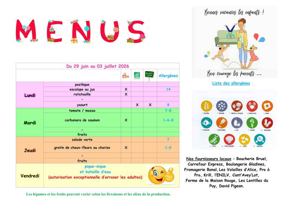 Menus du 29 juin au 3 juillet 2026