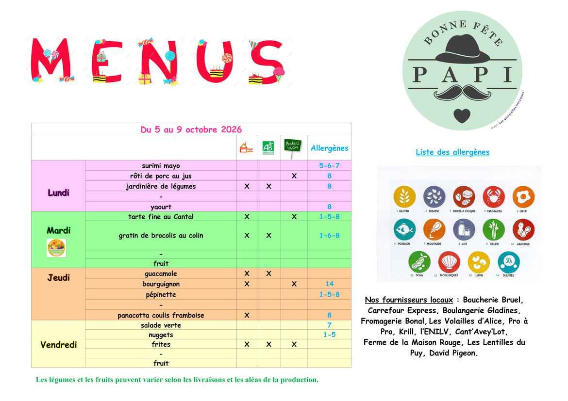 Menus du 5 au 9 octobre 2026
