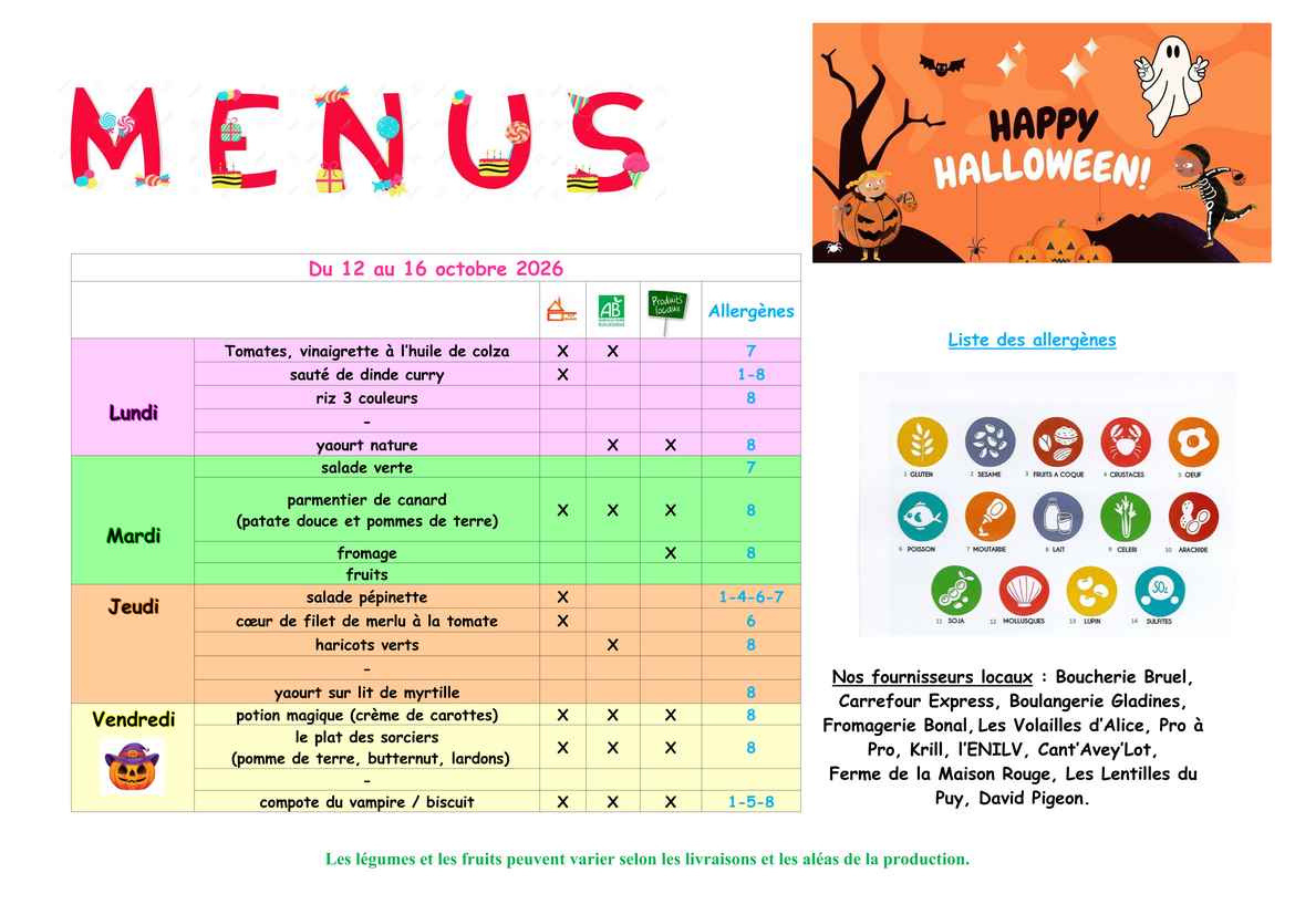 Menus du 12 au 16 octobre 2026
